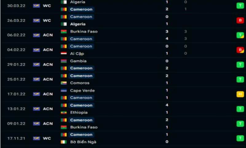 Phong độ các trận đấu gần đây của đội Cameroon